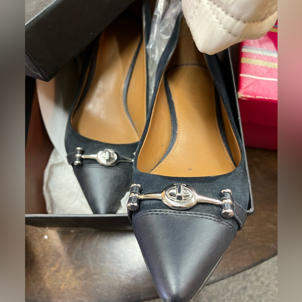 Coach size 6.5 Navy Suede and leather heels